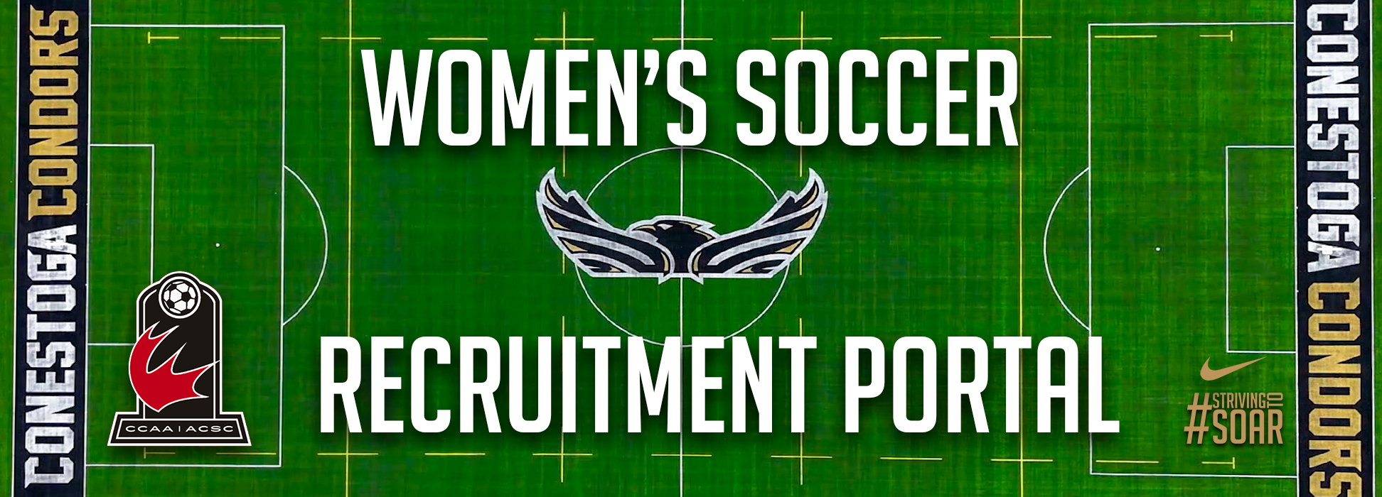 A photo banner of Condors field at the fountain street soccer complex with the text Women's Soccer Recruitment portal. 