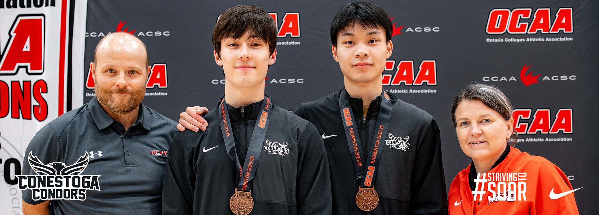 A photo banner showing Ryan Tu and Maxwell Barnes receiving their OCAA bronze medals in men's doubles badminton. 