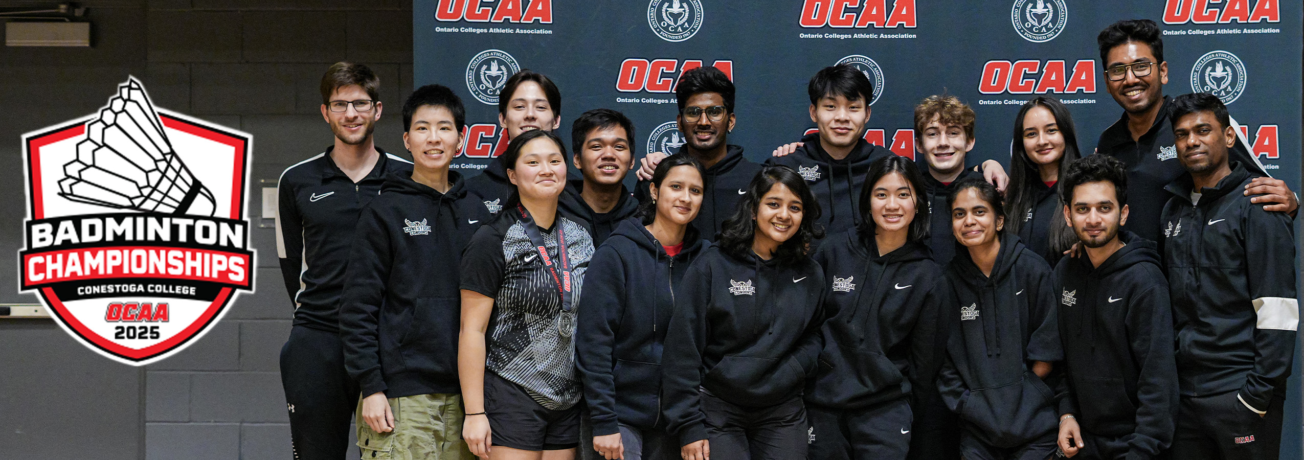 A headline banner with a logo for the 2025 OCAA Badminton championships and a team photo of the Conestoga Condors badminton team.