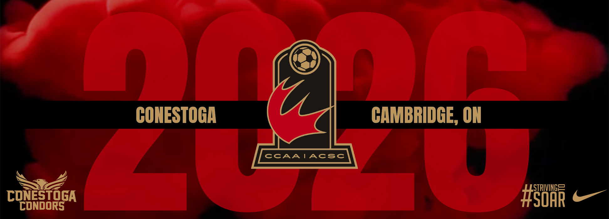 A headline banner announcing Conestoga as the host of the 2026 CCAA Women's Soccer National Championship. 