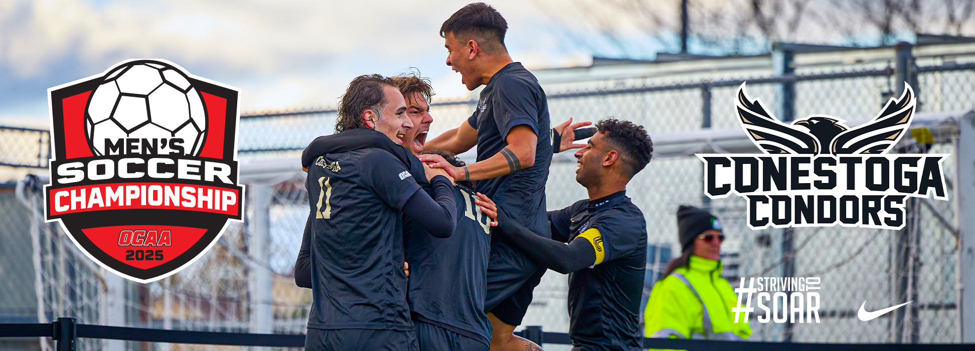 A photo of the men's soccer team celebrating a goal in the OCAA Championship match vs Humber. 