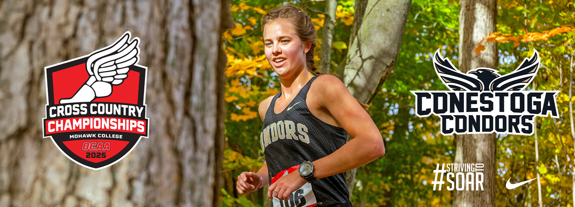 A photo of Dianne DeBoer running at the 2025 OCAA Cross Country Championships. 