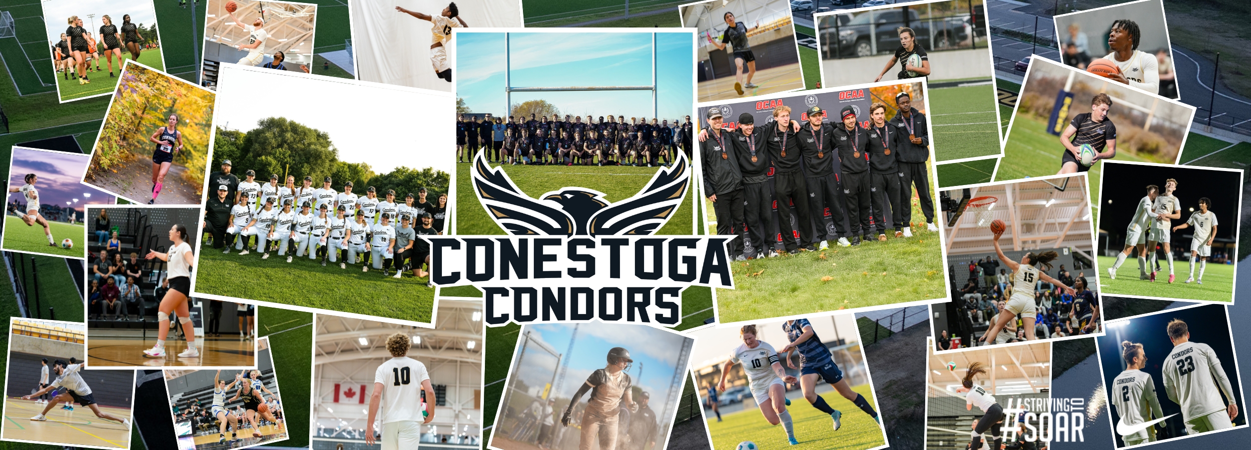 A Headline Banner with 22 photos of Condors varsity athletes and the Conestoga Condors Logo in the center. 