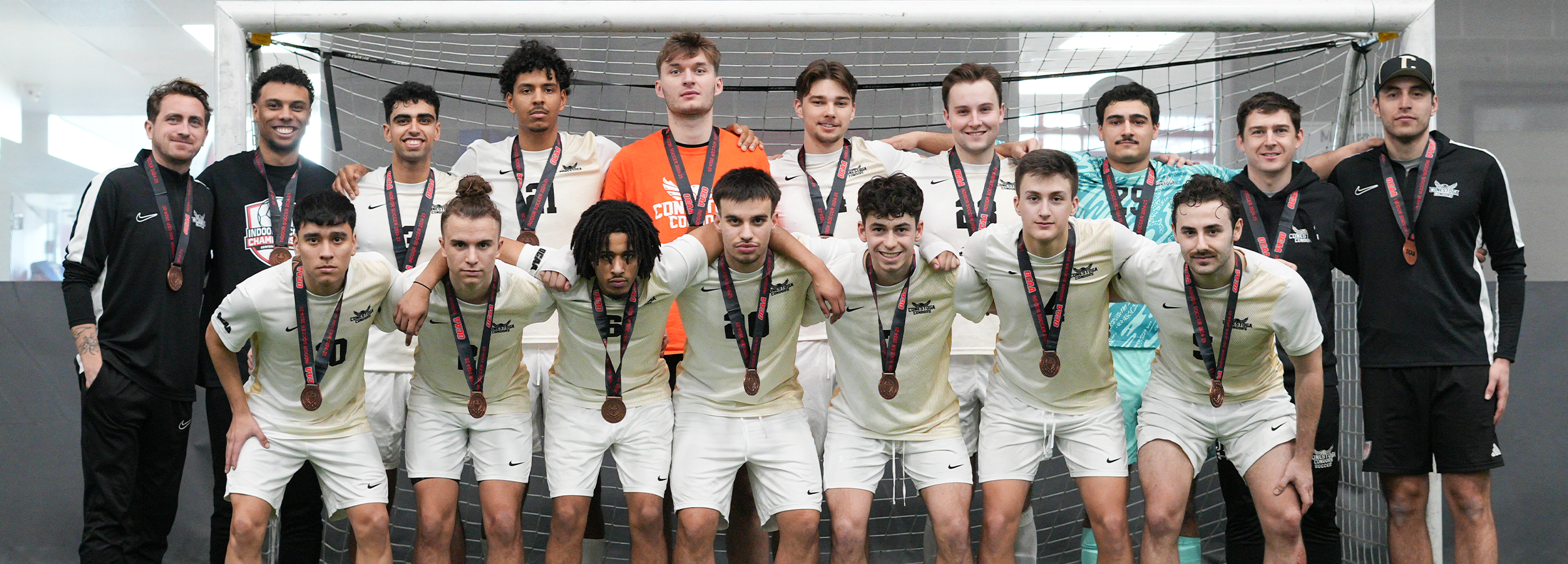A team photo of the 2025 men's indoor soccer team. 