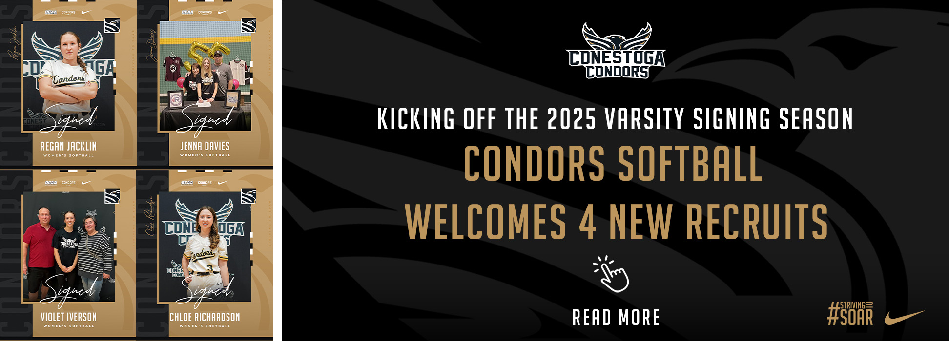 A web banner reading "Kicking off the 2025 Varsity Signing Season: Condors Softball Welcomes 4 New Recruits". 