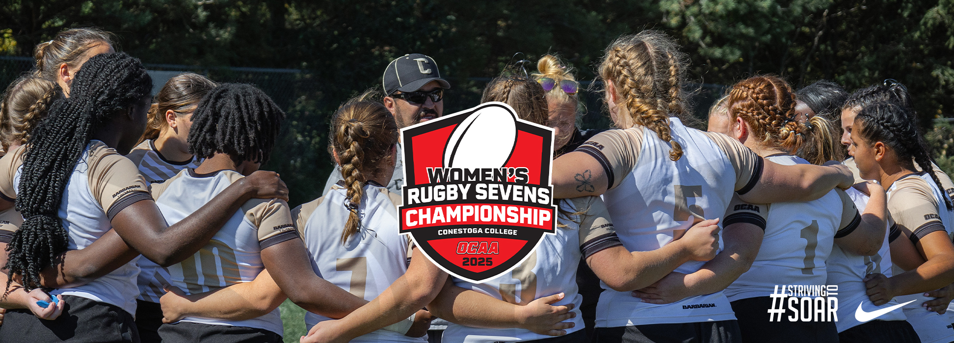A photo banner showing a team huddle of the Condors women's rugby team with a OCAA Women's Rugby 7s logo centered over the photo. 