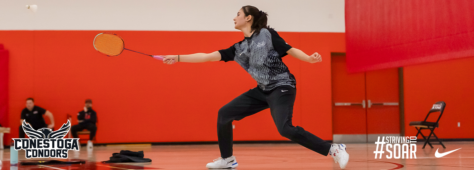 A photo banner with Mariam Muqeem competing in the OCAA Badminton invitational at Seneca. 