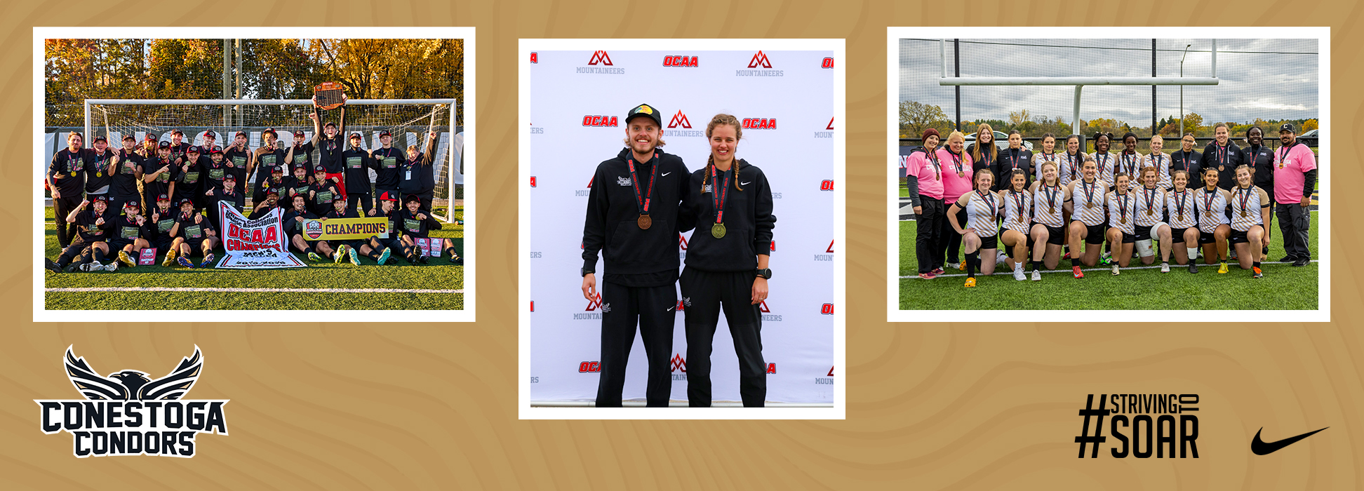 A photo banner with a photo of the men's soccer team, a photo of cross country runners Nathan Paul and Dianne Deboer, and a photo of the women's rugby team. 