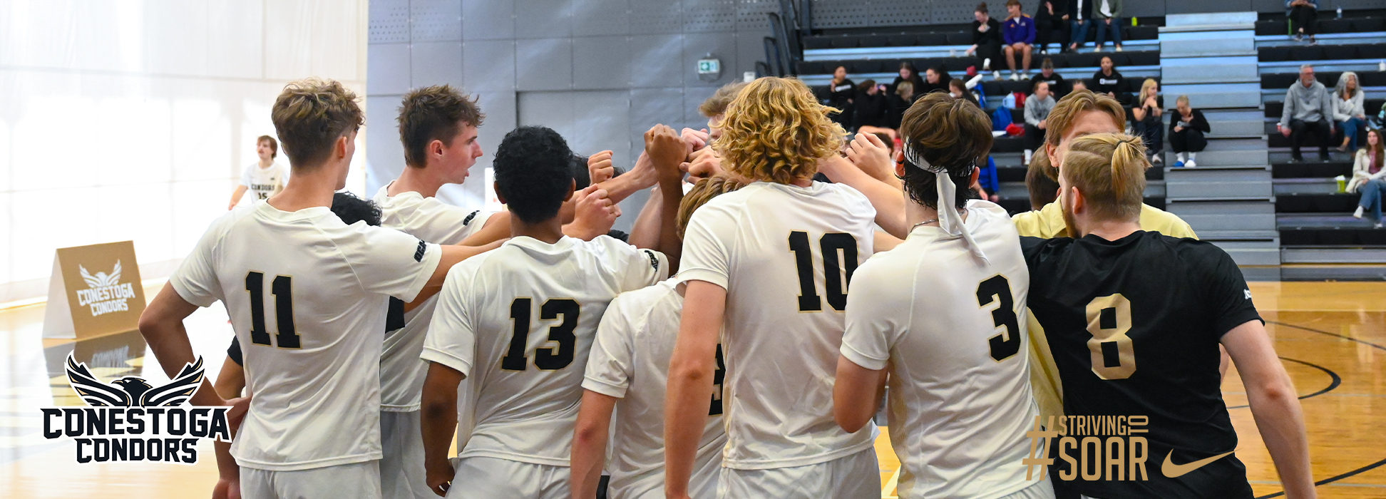a photo banner of the men's volleyball team in a group huddle. 