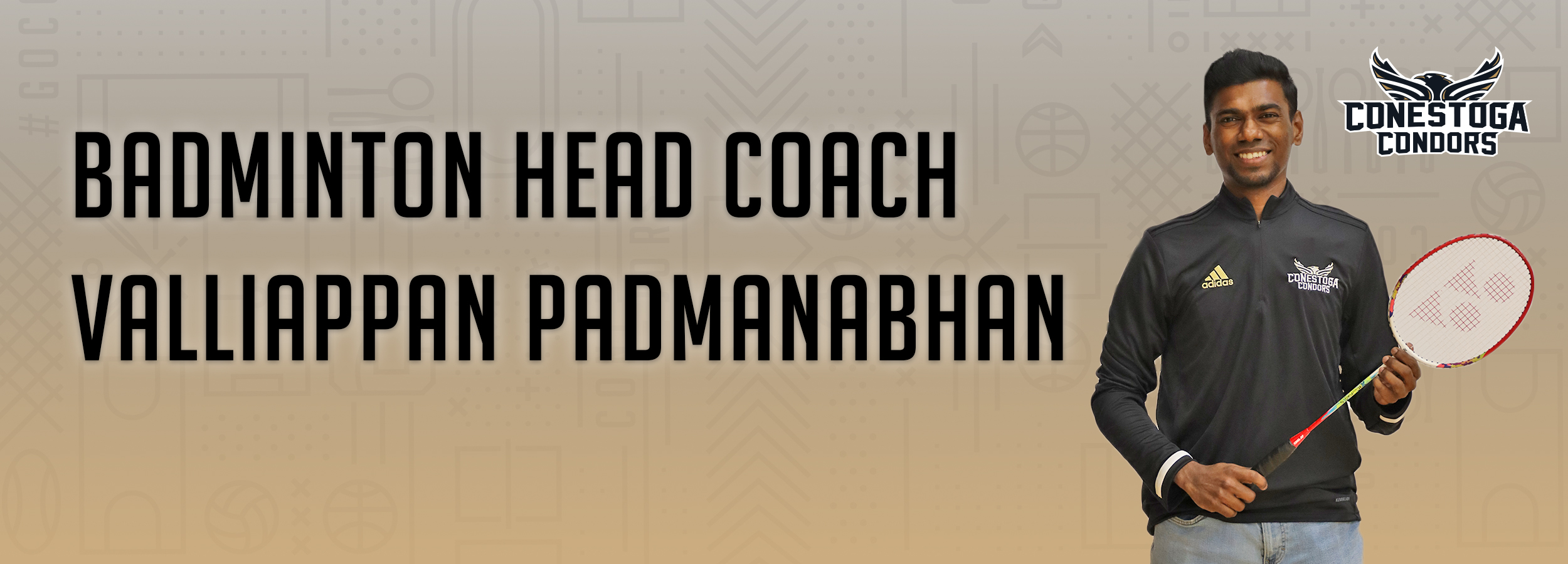 A headline reading Badminton Head Coach Valliappan Padmanabhan next to an upper-body photo of Valliappan Padmanabhan holding a badminton racquet. 