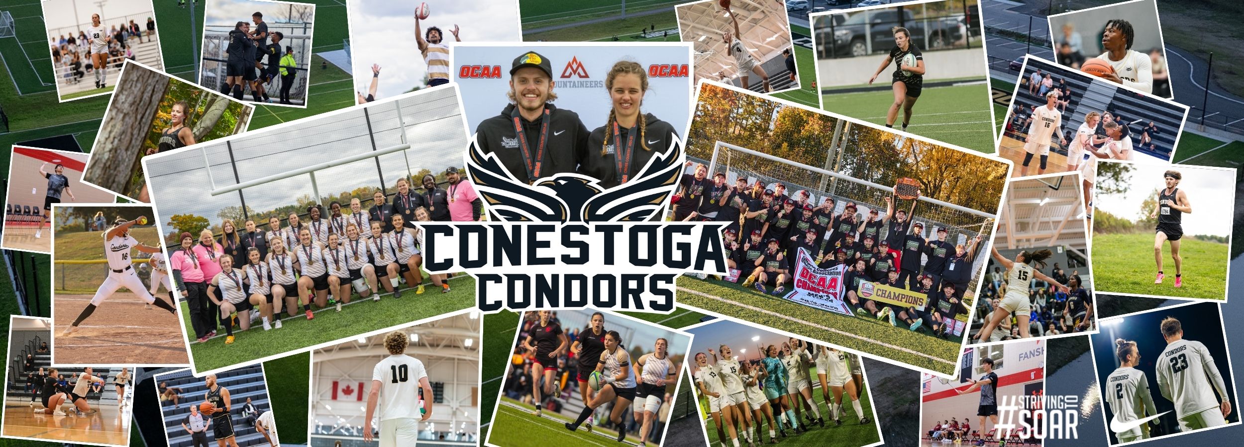 a photo collage banner showing various condors varsity teams. the condors logo in the middle of the banner. 